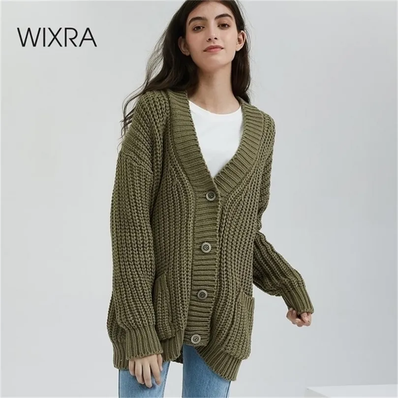 Wixraニット分厚いカーディガンセーターの女性ポケットソリッドシックトップス衣類女性のためのスタイリッシュなセーター201252525