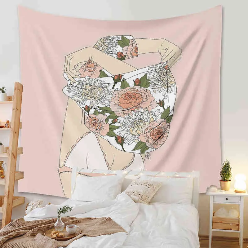 Tapestry Pink Girl Floral Carpet Hippie Women Rose Flower Mouth Wall Hanging Bo