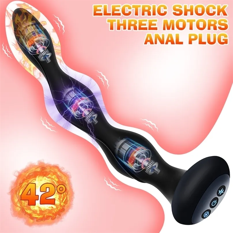 Choque elétrico plugue anal massageador de próstata aquecimento inteligente plug anal masturbador feminino contas anais brinquedos sexuais eróticos para casal 220514