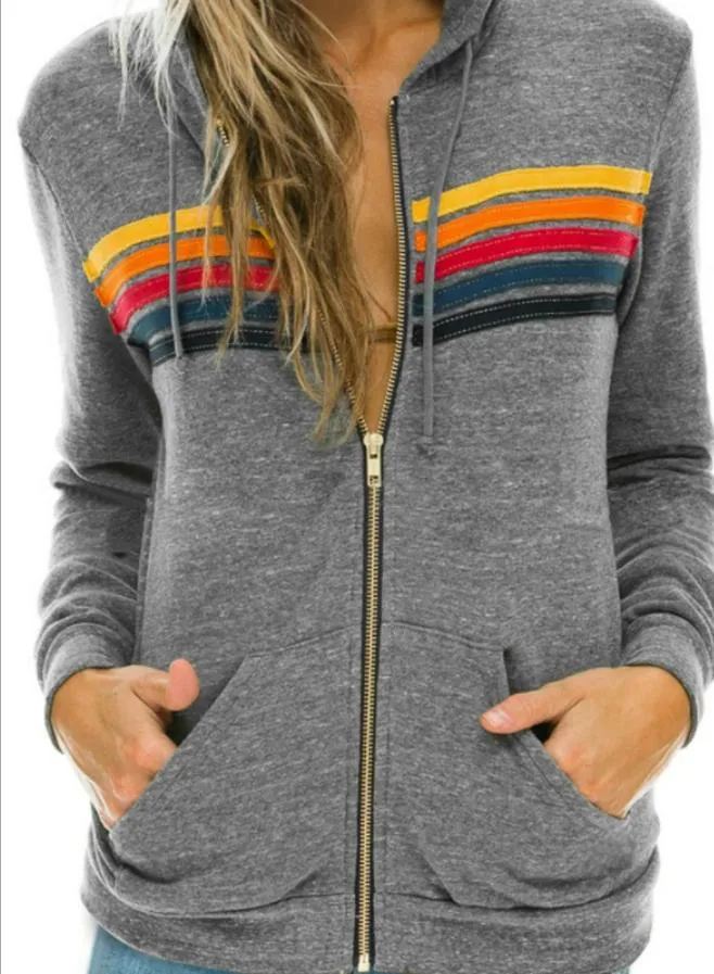 Kvinnors hoodies tröjor kvinnor mode hoodie överdimensionerad regnbåge rand långärmad tröja med dragkedja fickpock jacka vår casual v