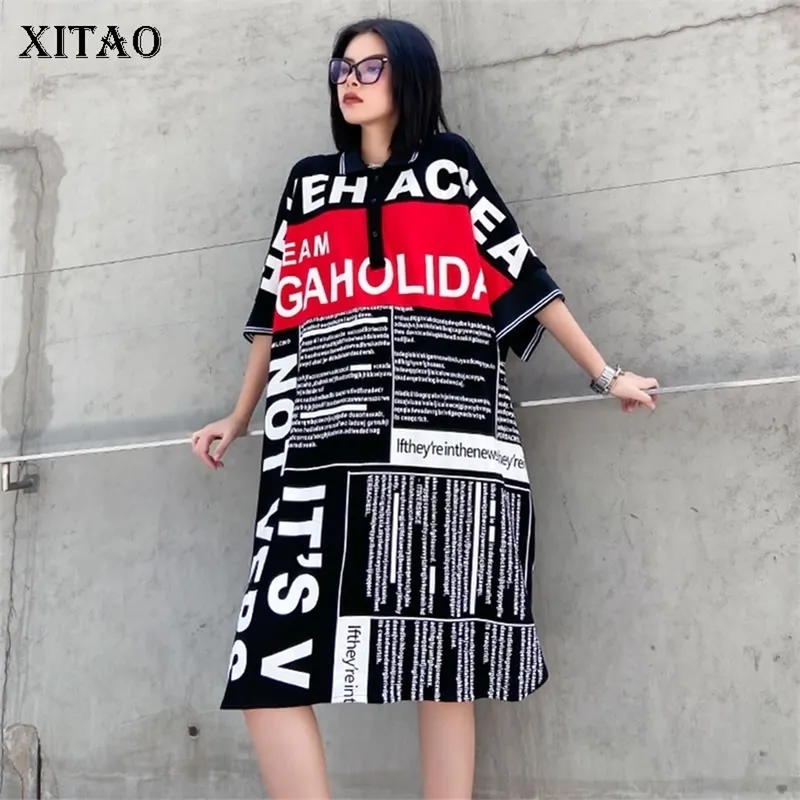 Xitao Plusサイズのレタープリントスプリットドレス女性服サマールーズカジュアルターンダウンカラーエレガントドレスHXM1008 210303