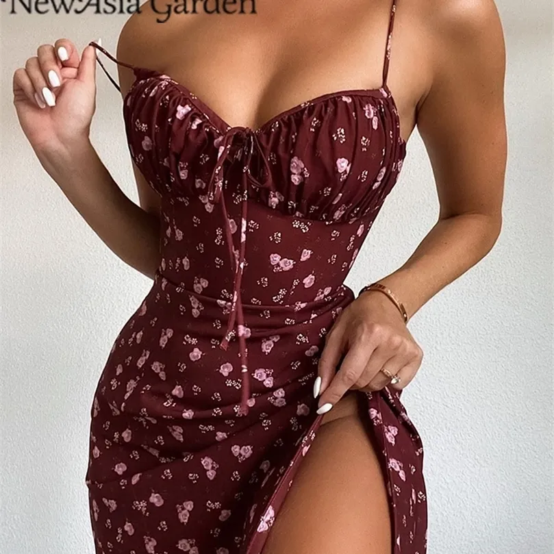 asia Wine Floral Dress Women Prairie Chic Spaghetti Straps Backless Chest Draped Lace Up Side Split Sexy Long Dresses 220509