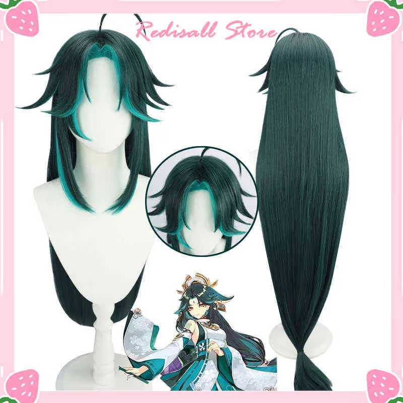 120 cm Genshin Impact Xiao Parrucca Cosplay Versione femminile Lungo rettilineo Parrucca sintetica verde scuro Capelli resistenti al calore per adulti Con Y220512