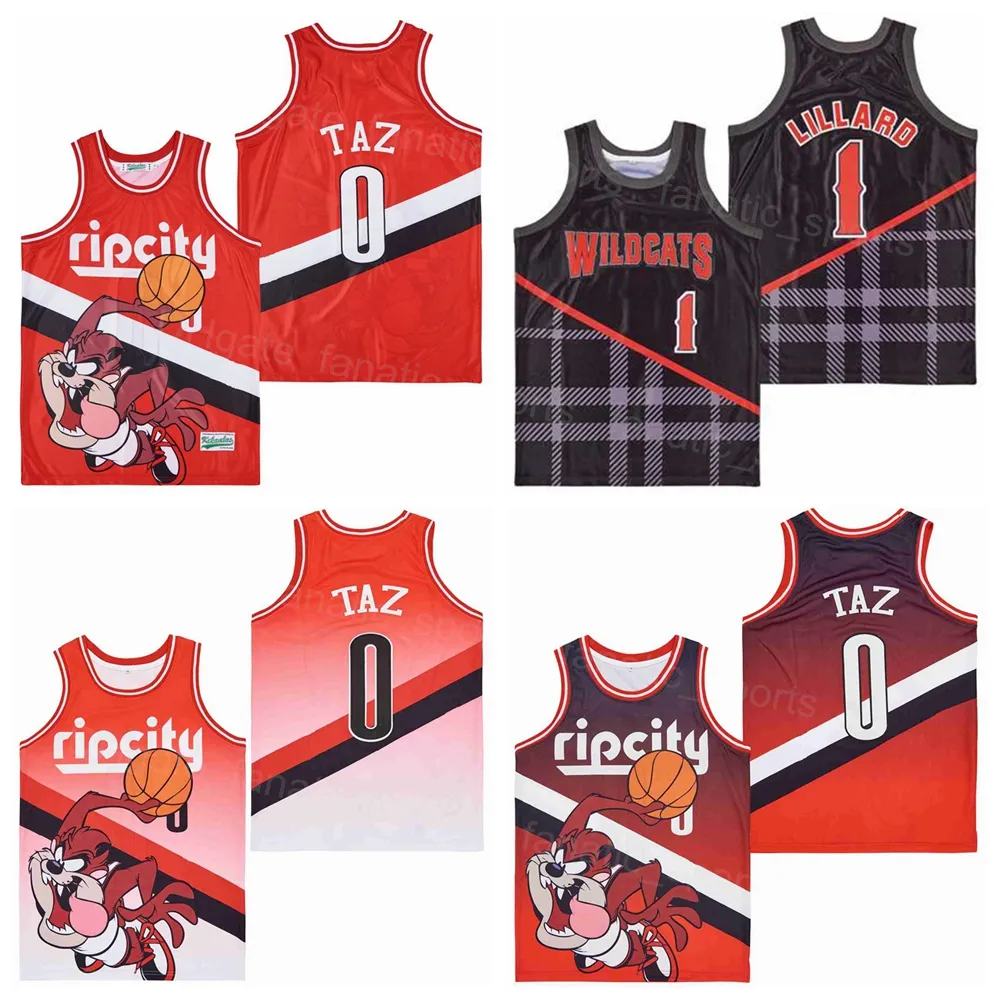 High School Wildcats 0 RipCity Taz Basketbal Jersey Red Fade Rip City 1 Damian Lillard Uniform Red Black Color All Steitched Ademende Ademend voor sportfans Topkwaliteit