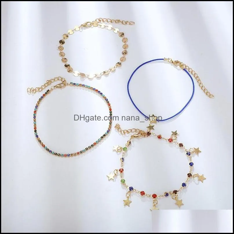 4Pcs / sets Luxury Colorful Crystal Stone Anklets For Women Gold color Wafer Star Pendant Rope Foot Chain Beach Jewelry