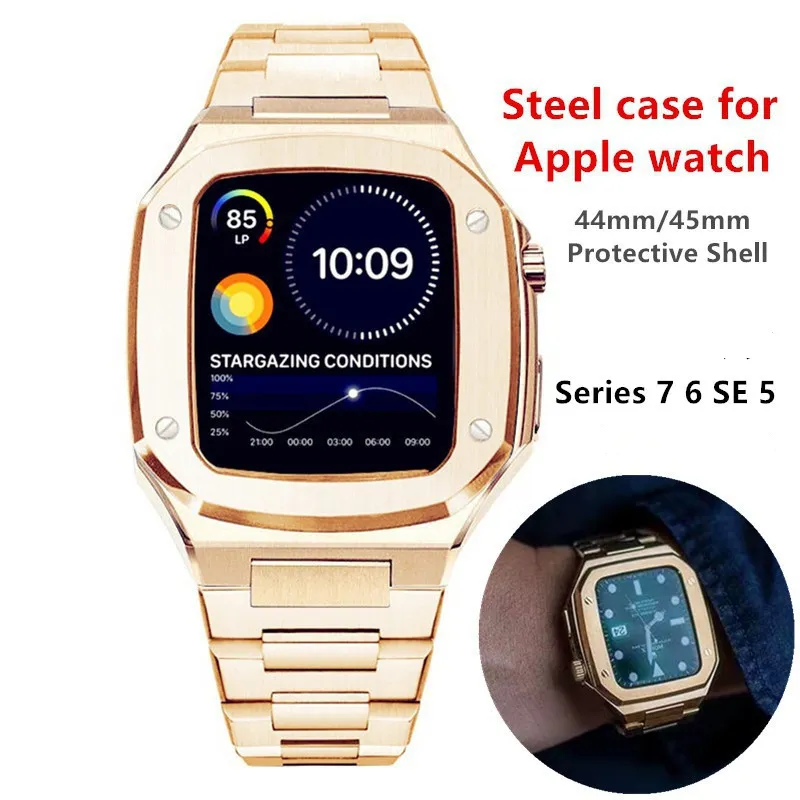 Nowy pasek modyfikacji stali ze stali nierdzewnej z obudową dla Apple Watch Band 45 mm Iwatch Series 7 6 5 SE 44 mm szlachetny luksusowe metalowe paski zegarków