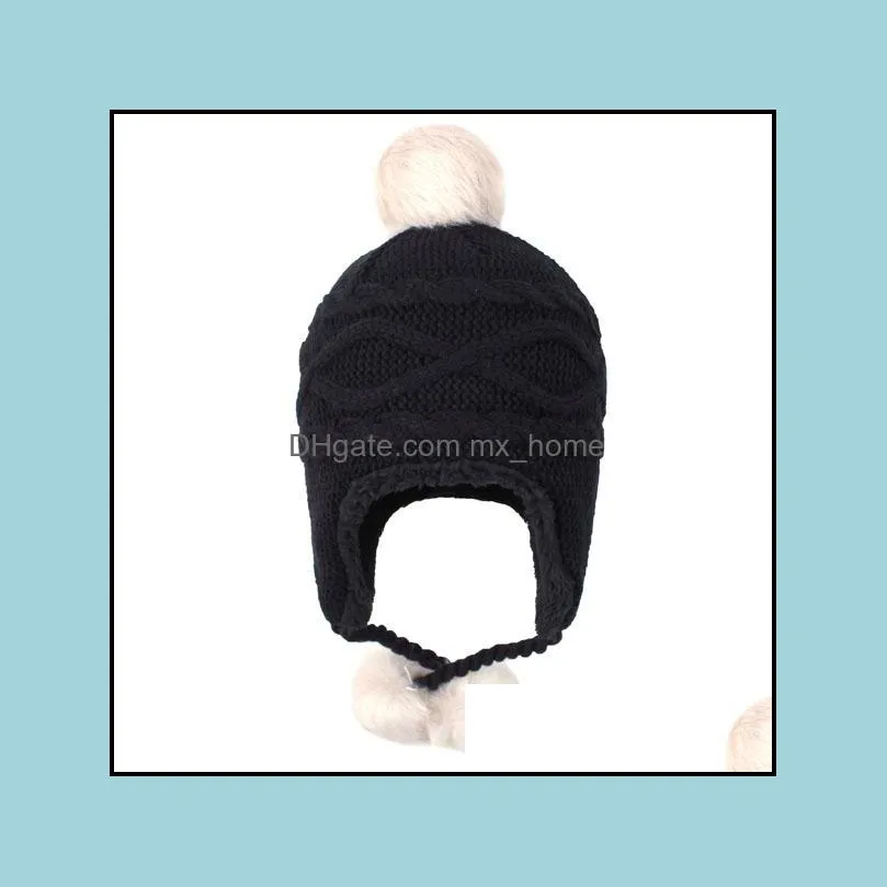new autumn winter baby kids hat knitted beanies children fleece hats wool balls big girl earmuffs warm hats m238