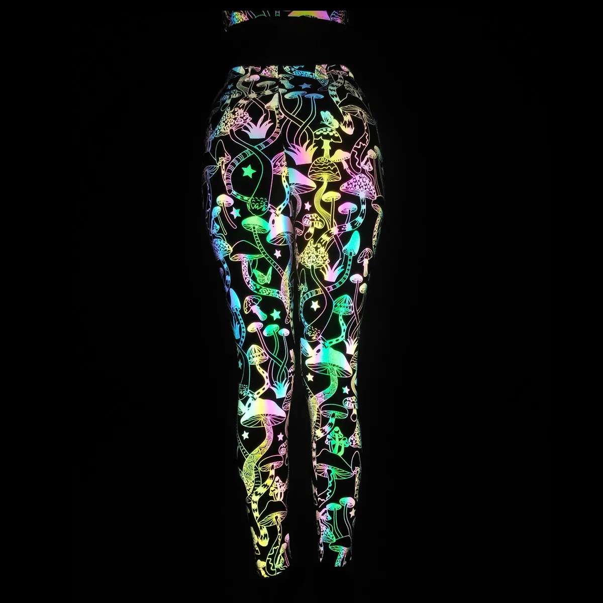 Tweedelige broek met dames cartoon paddestoel kleurrijke reflecterende set vrouwen sexy beha leggings night joggen harajuku tracksuit reflecteren licht licht