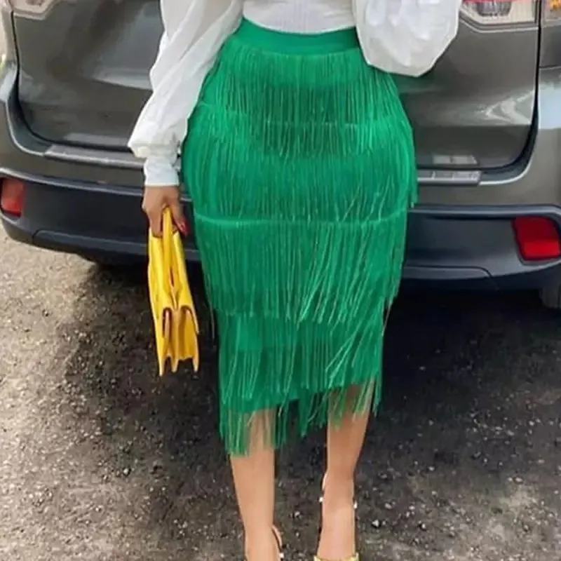 Green Patchwork Tassel High Waisted Bodycon Midi Skirt For Women