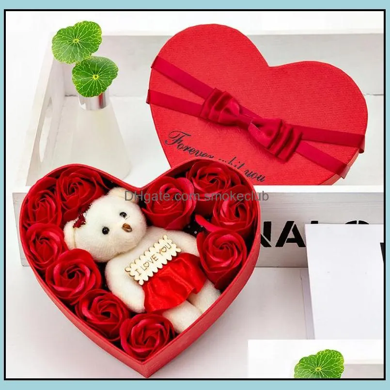 Fedex 10 Flowers Soap Flower Gift Rose Box Bears Bouquet for 2022 Valentines Day Wedding Decoration Gift Festival Heart-shaped Box