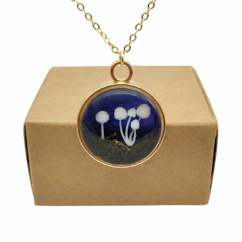 Pendentif Colliers Champignon 3D Forêt Paysage Mousse Sous-Bois Étoilé Or Couleur Chaîne Long Collier Femmes Boho Bijoux De Mode BohemianPend