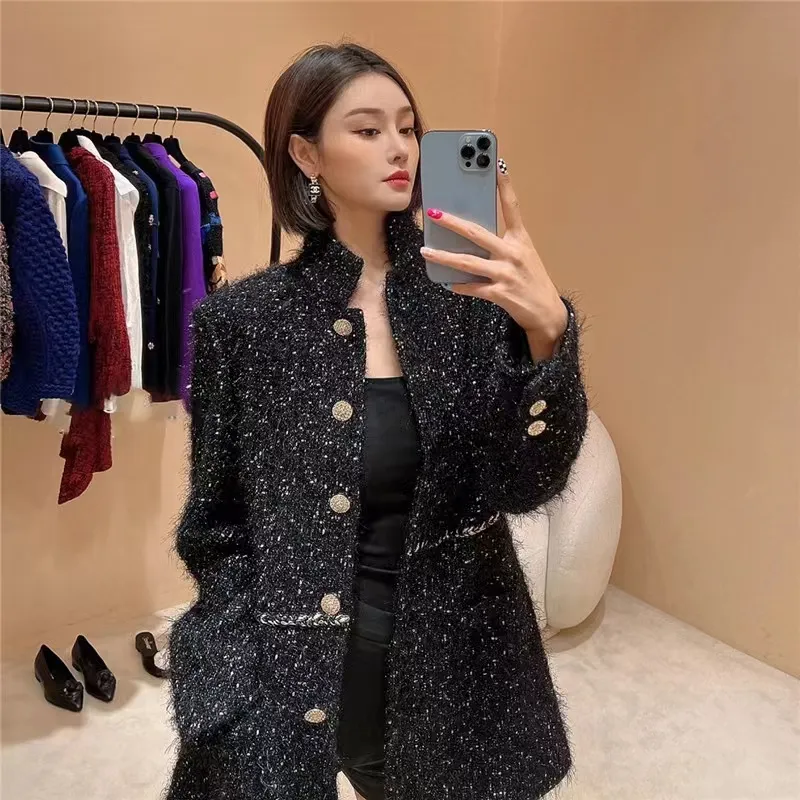 Chan New Women's Model Catwalk Wysokiej jakości długą kurtkę do mokree Tweed Coat Autumn Winter Mother's Gift Walentynkowe urodziny
