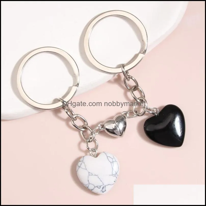 Design Keychain Natural Crystal Quartz Stone Love Heart Magnetic Button Keyring Key Chains For Couple Friend Gifts DIY Jewelry