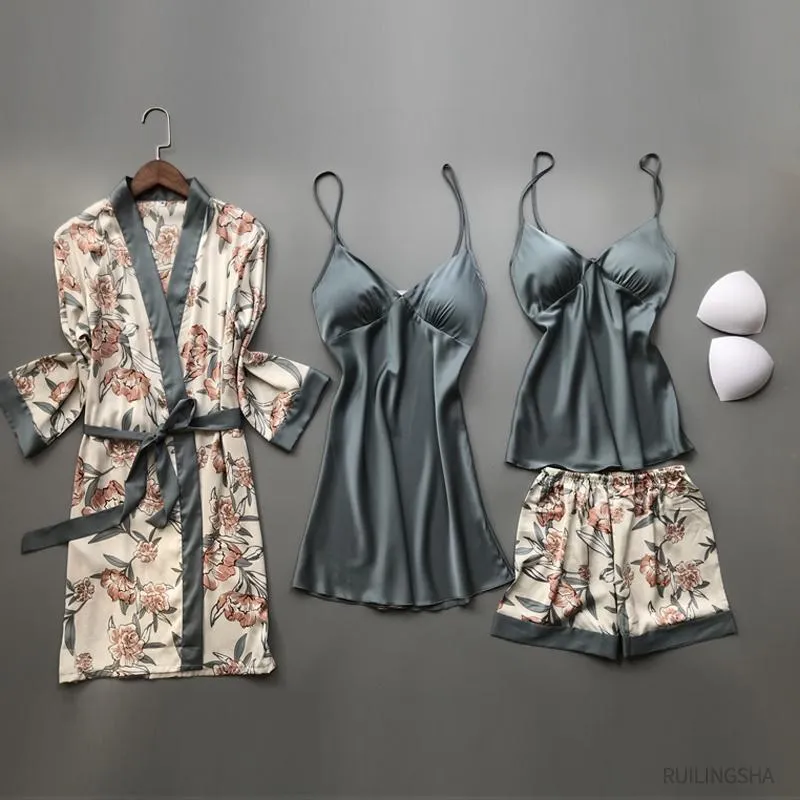 Kvinnor Sleepwear Summer Satin 4 Pieces Robe Set Faux Silk Kimono Pyjamas For Women Flower Print Sexig Plus Size Nightrowns Sleepshirts Loun