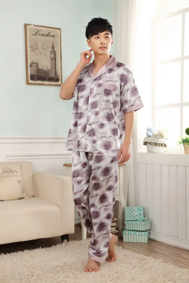 Vêtements de sommeil pour hommes hommes pyjamas de soie ensemble de printemps chute mâle mâle satin de nuit satin de qualité supérieure