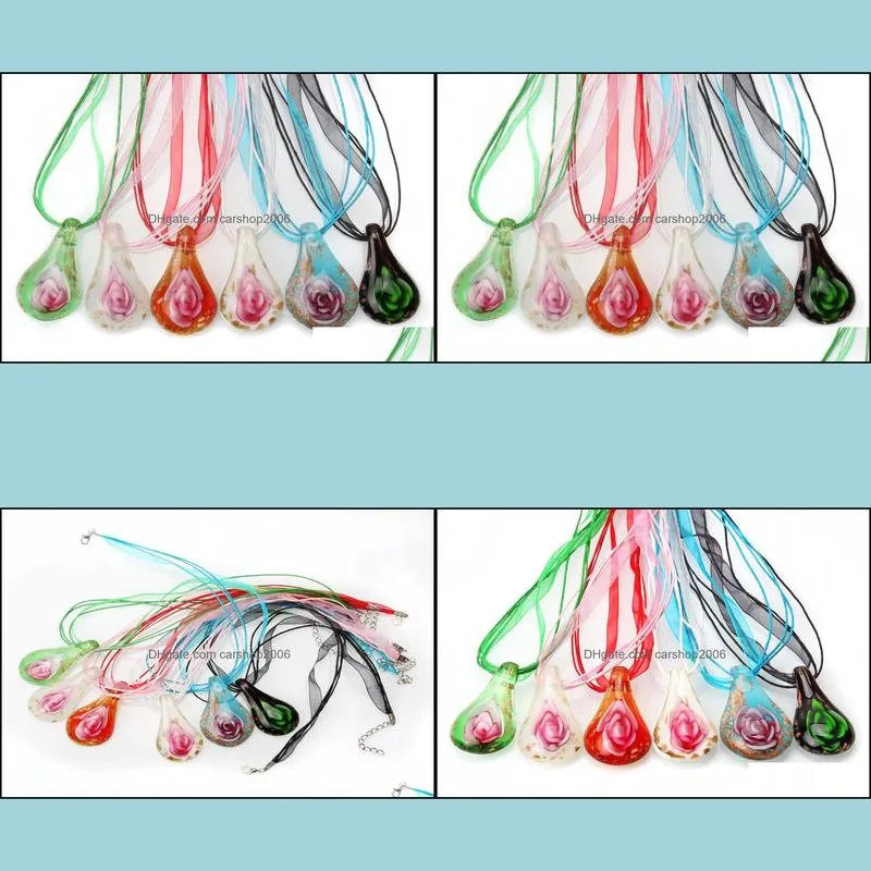 fashion waterdrop 6colors lampwork glass pendants inner flower gold dust murano charms necklace for women mixed color