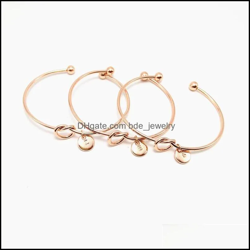 26 Letter Bracelets Rose Gold Silver Gold Simple style knotted heart bracelets Bangle Girl Fashion Jewelry Zinc Alloy Round Pendant