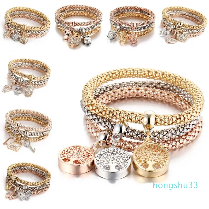 2022 nouvelle mode 3pcs / set bracelet en cristal élastique diamant coeur couronne arbre de vie crâne papillon bracelets de charme bracelet manchette ensembles bijoux