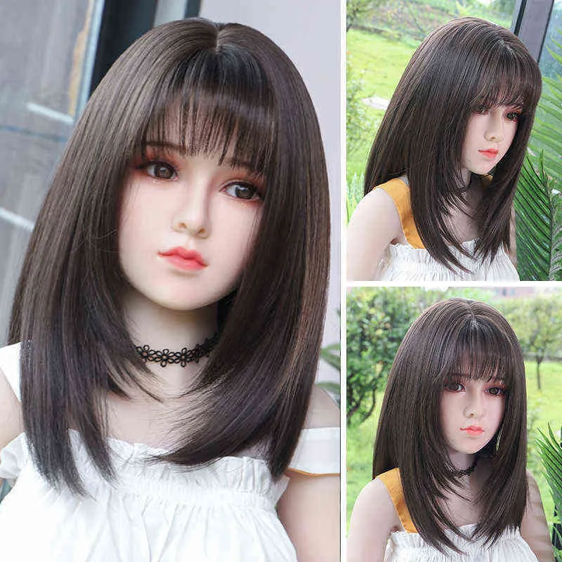 NXY WIGS Comprimento médio Bobo reto sintético com franja para mulheres parte marrom/preto em camadas diárias/parto pêlo resistente ao calor 220528