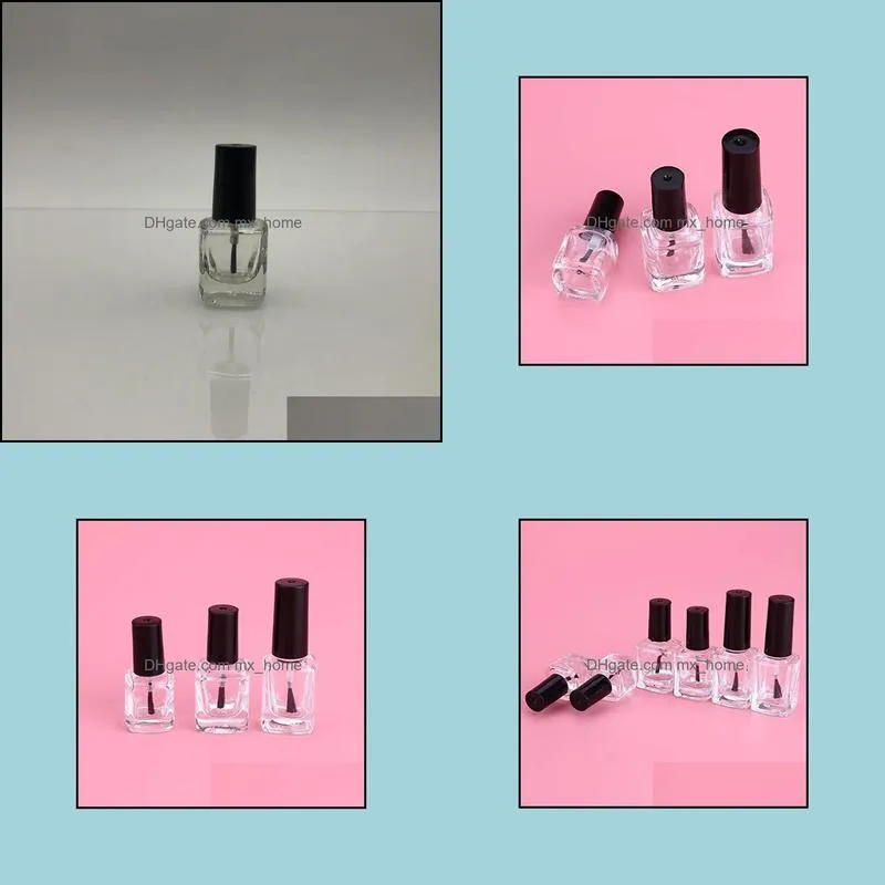 Glass Empty Polish Bottles 5ml 10ml 15ml Empty Nail Polish Bottles with brushes and black caps Square Shaped