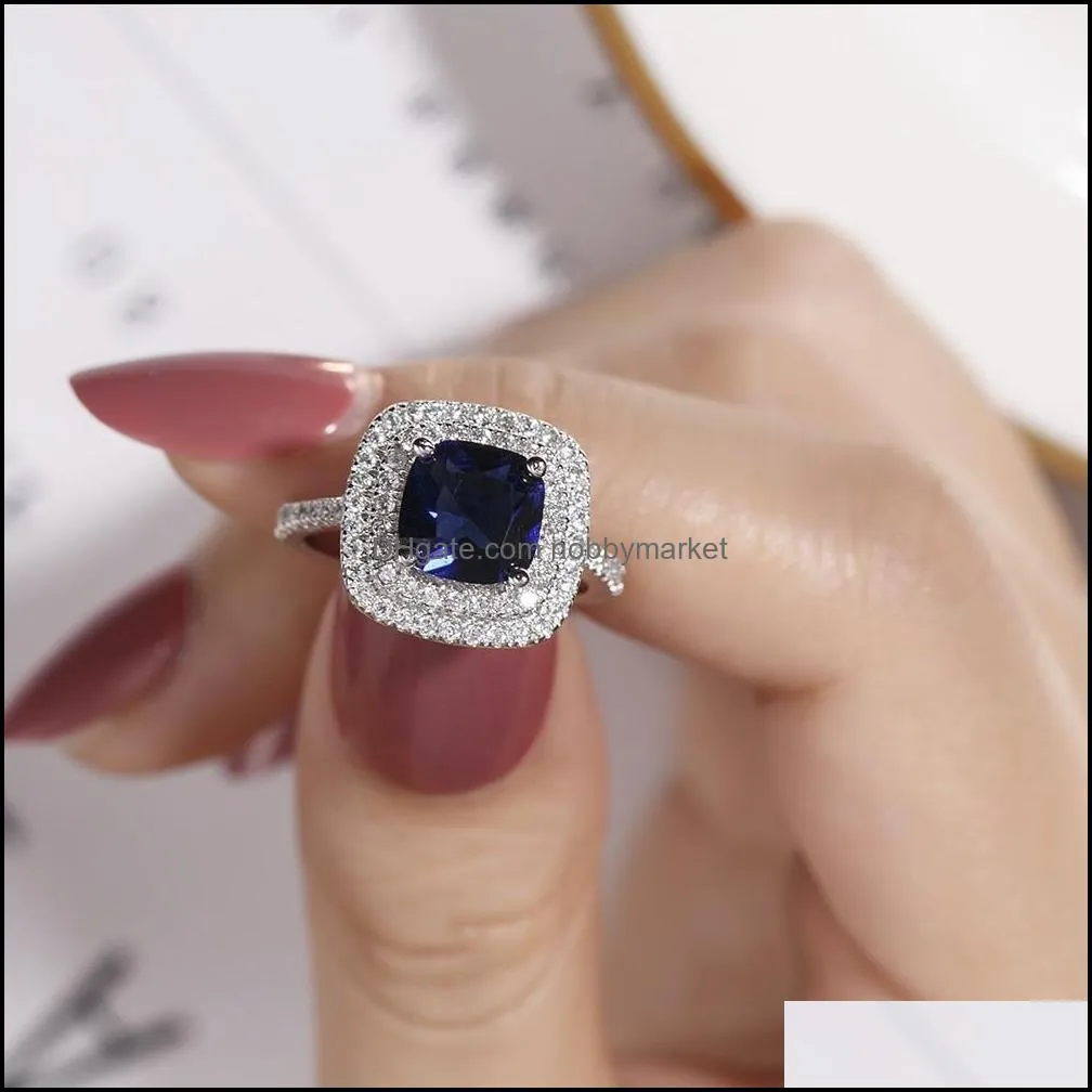 4 Stil Gerçek 100% 925 Ayar Sier Yüzük Parmak Takı Ebedi Doğal Mavi Safir Düğün Nişan Yüzüğü Kadınlar Için Bırak Teslimat 2021