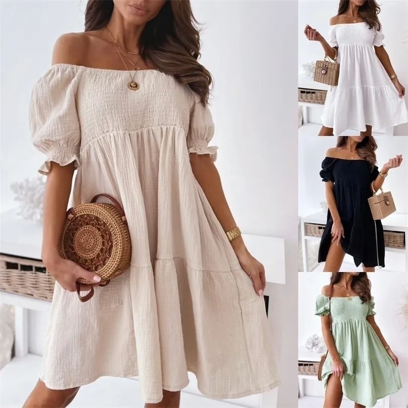 Vestido de pescoço sexy Slash Women Women Summer Pleated Puff Sleeve Backless Party Beach Dressos Ladies Senhoras elegantes Robe de vestido de joelhos sólidos 220527