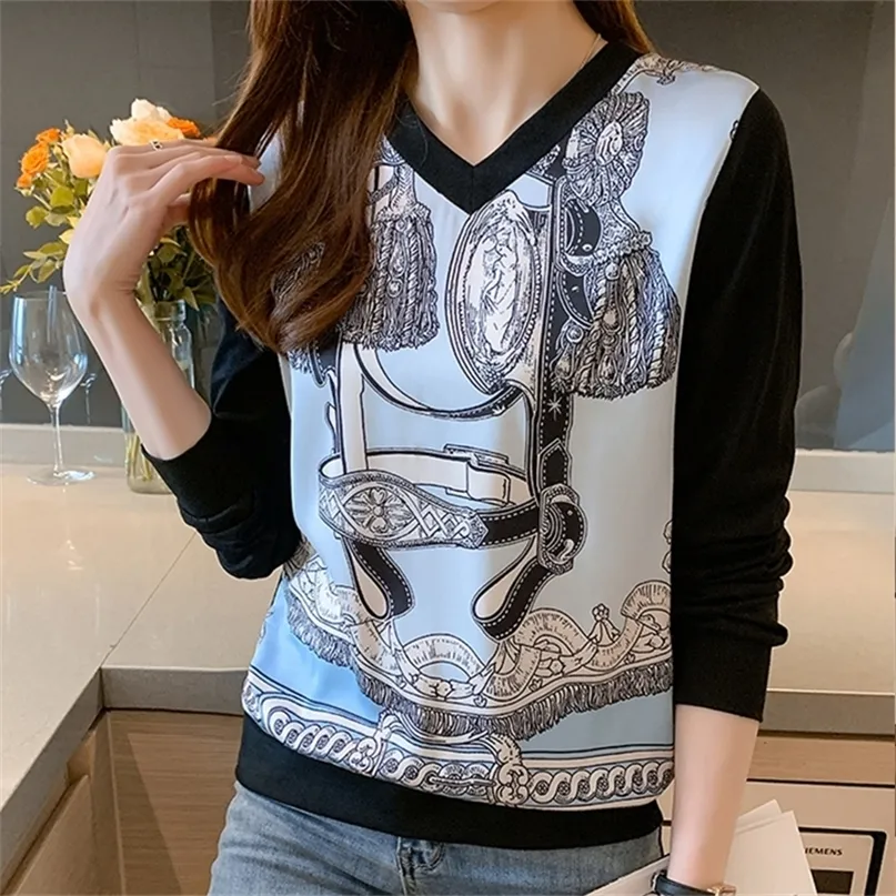 Fashion Women's Tshirt Casual Tops printing T Shirt Basic bottoming shirts Ladies v-neck Long Sleeve Tee Shirt 220411