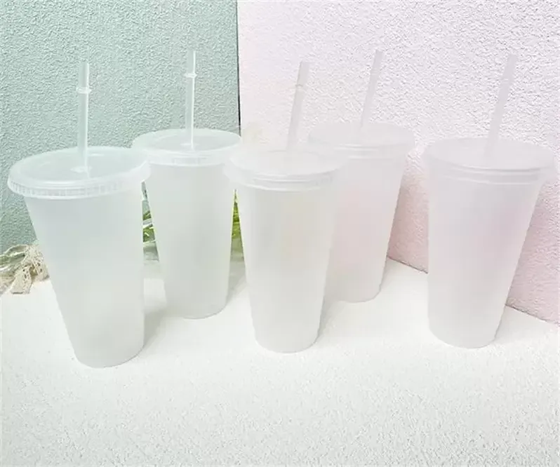 24oz 클리어 컵 플라스틱 투명 텀블러 여름 재사용 가능한 차가운 마시는 커피 주스 머그잔 뚜껑과 짚 pro232