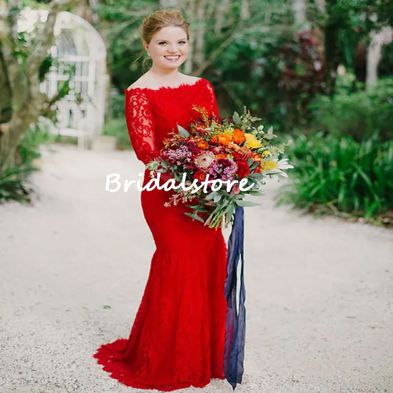 Elegancka Koronka Boho Red Wedding Dress 2022 Chic Off The Ramię Z Długim Rękawem Suknie Ślubne Mermaid Cywilne Hippies Gothic Bride Country Bridal Bohemian Robe de Mariée