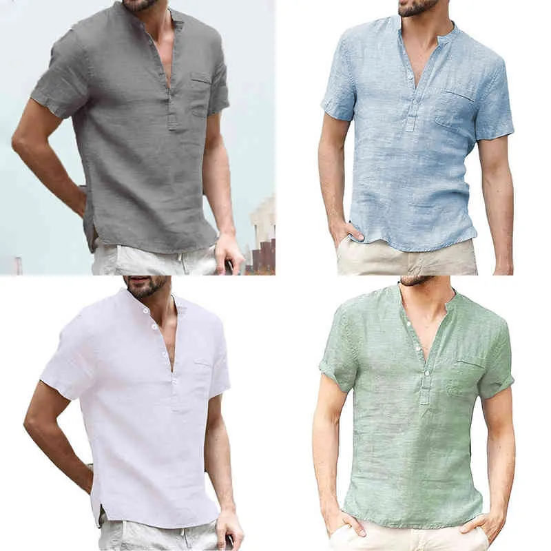 2022 여름 신규 남자의 짧은 소매 티셔츠 면화면과 리넨 LED 캐주얼 남자 티셔츠 셔츠 남성 통기성 S-3XL Y220606