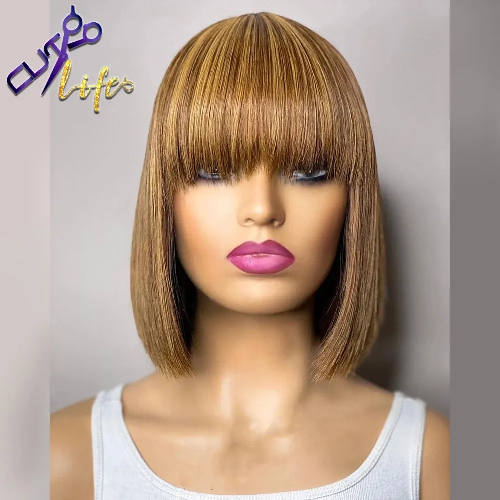 Destaque a loira ombre reto curto Bob Wig 100% Human Hair sem perucas de renda com franja para mulheres negras Remy Brasy Hair