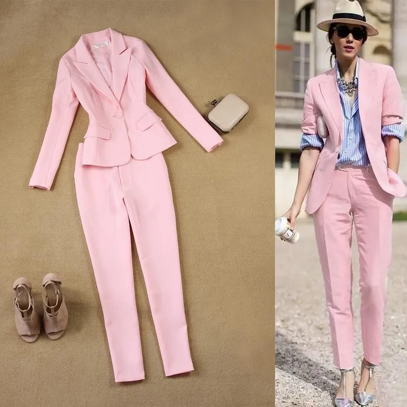 Roupos femininos de trajes de 2023 Primavera e Autumn Inglaterra Slim Ol Temperment Simples Pink Sonos Casa -Pantagens