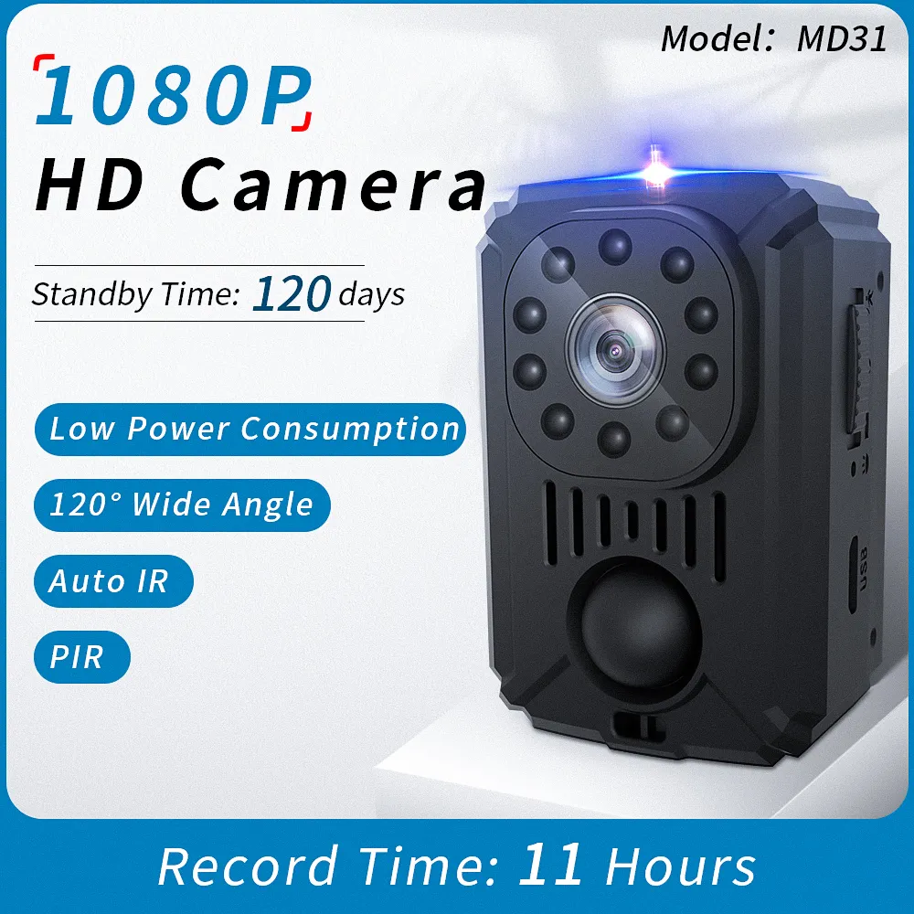 Extérieur/Intérieur Portable HD 1080P Poche DV Mini Caméra MD31 Version Nuit Nanny Cam PIR Détection de Corps Sécurité à Domicile Enregistrement Vocal Caméscope Longue Durée de Travail