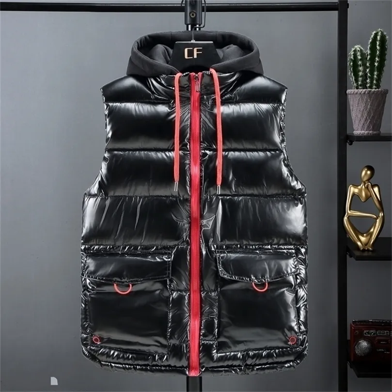 Vest Men Casual Thicken Winter Waterproof Warm Hooded Big Pockets Sleeveless Coat Hat Detachable Plus Size 4XL 5XL 201126