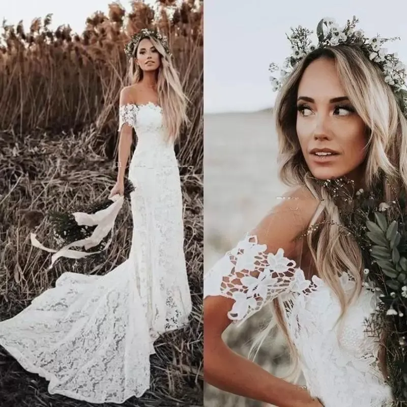 Skräddarsydd elegant boho spetsar sjöjungfru bröllopsklänningar ny trädgård land stil av axel korta ärmar brudklänningar billiga strandbrudklänningar