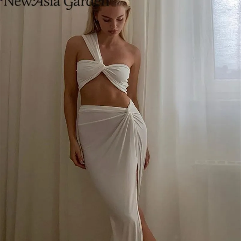 Asia Sexy Crop Top Side Split Long Skirts Two Piece Set Women Twist One Shoulder 2 Piece Sets Summer White Party Clothes 220513