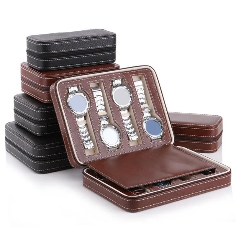 Bekijk dozen kisten doos fluweel sieraden organisator 2/4/8 roosters draagbare faux lederen ritsreis storagecase