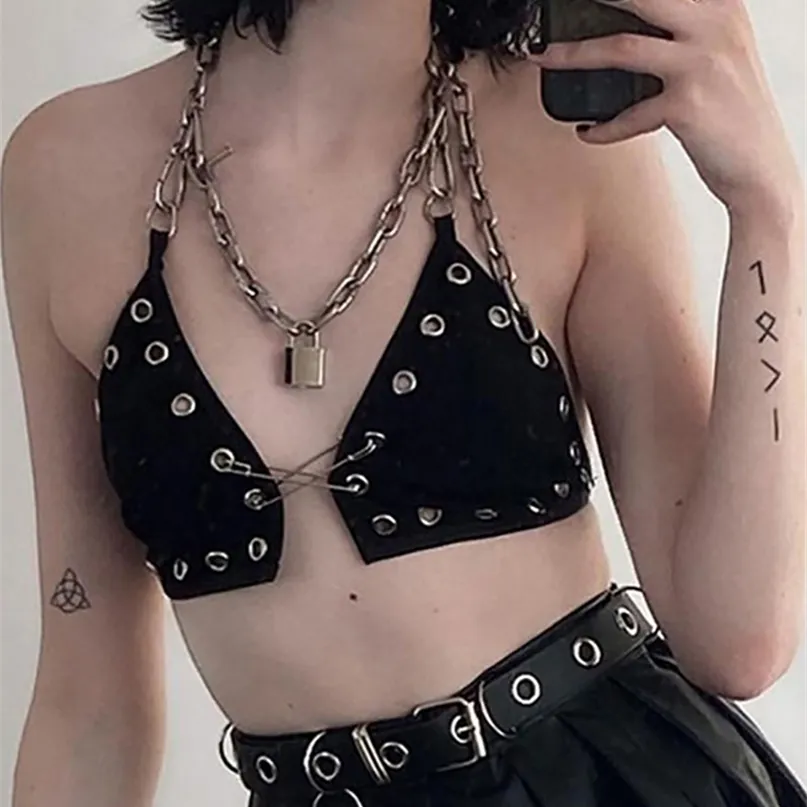 Goth Dark Eyelet Mall Gothique Femmes Sexy Halter Tops Grunge E-girl Chaîne Strap Backless Camis Punk Black Pin Patchwork Crop Top 220519