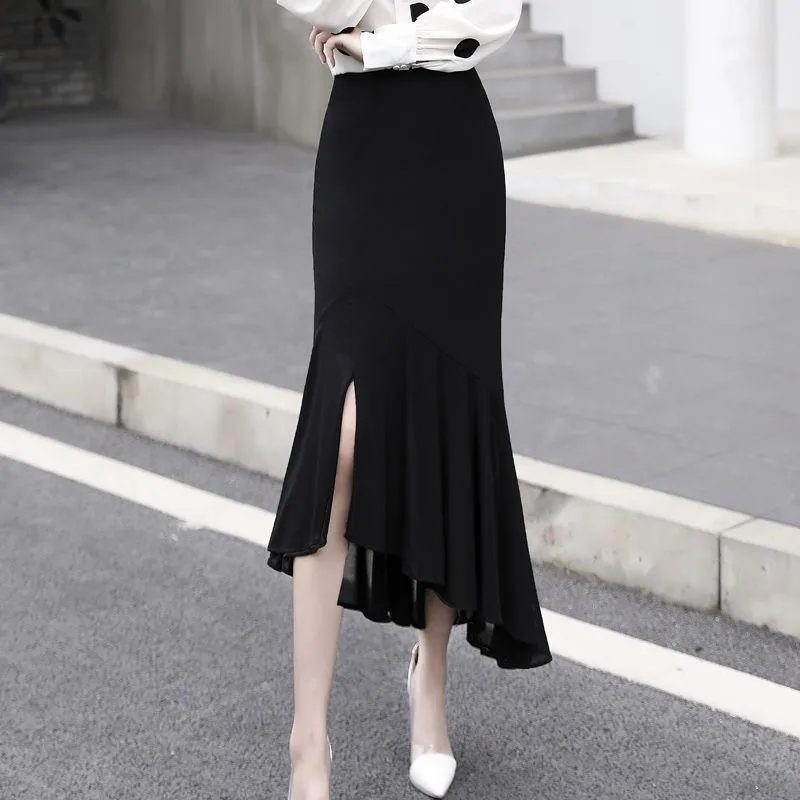 Kjolar kjol långa kvinnor sexiga fisktail kalvlängd vintage trumpet smal wrap höft asymmetrisk jupe femme svart botten e163skjolter