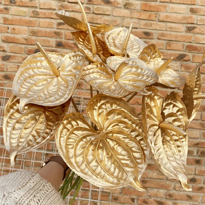 装飾的な花の花輪のゴールドアンチュリウム植物クリスマスツリー年のために人工家庭花瓶の装飾偽のアレンジメント