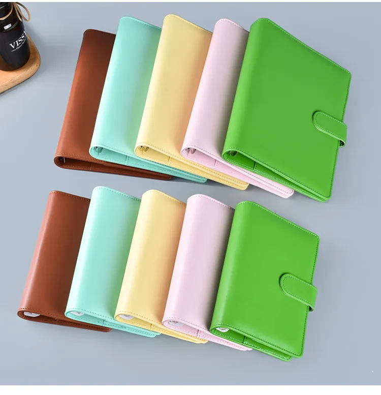 A6 Binder Binder Pu Leather 6 Rings Notepad Spiral Leaf Soulds Cover Cover Macaron Candy Color Diary Shell للطالب Z11