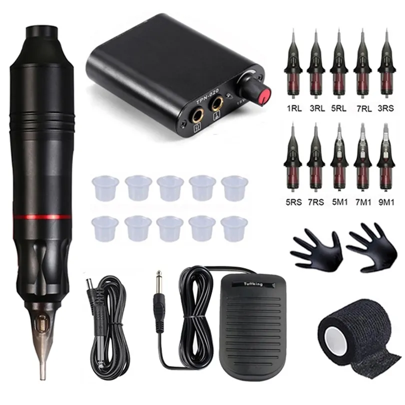 Professional Tattoo Machine Kits Rotary Pen Set With Power Supply Cartridges Needles Body Art 220609