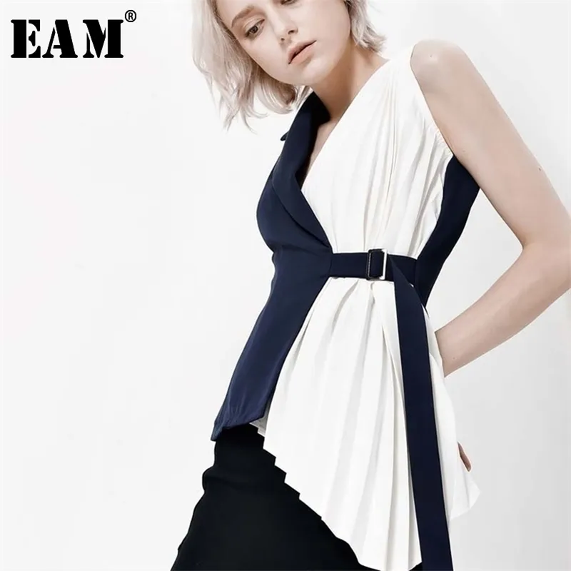 EAM vrouwen blauw contrast kleur geplooide asymmetrische los fit vest vcollar mouwloze mode lente herfst yc311 201031