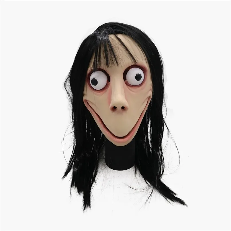 Grappige enge momo hacking game cosplay masker volwassen volledige hoofd Halloween Ghost Latex met pruiken 220816
