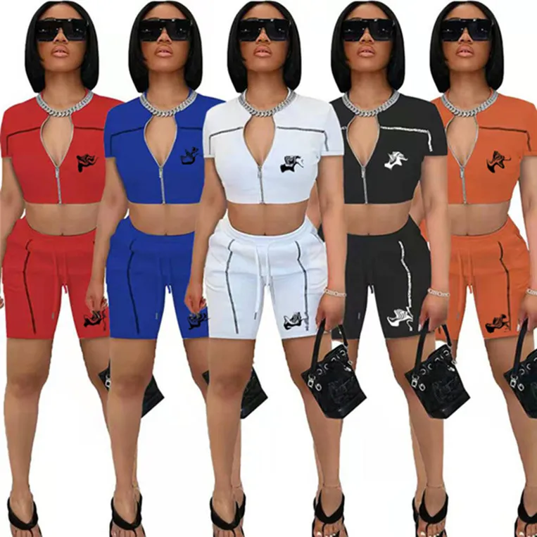 Kvinnor Tvådelat Set Designer Tracksuits 2022 Summer Brand Letter Print Outfits Casual Crop Zipper T Short Shorts Jogger Sport Sport Fashion Clothing K204