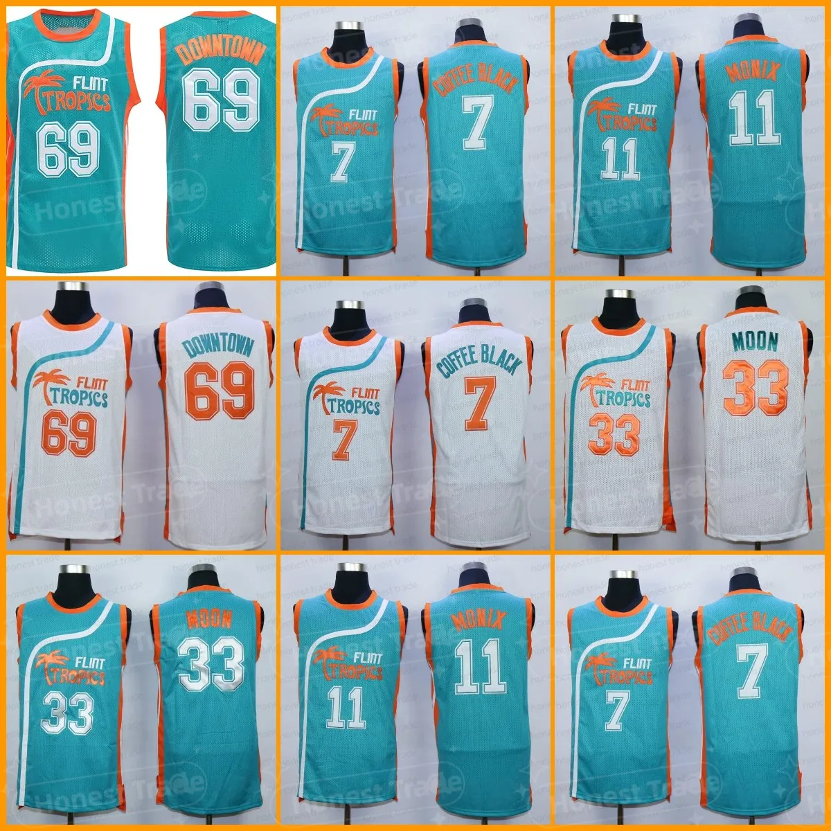 Mens Semi Pro Movie Flint Tropics 7 Coffee Black Jersey 33 Jackie Moon 69 Downtown 11 Ed