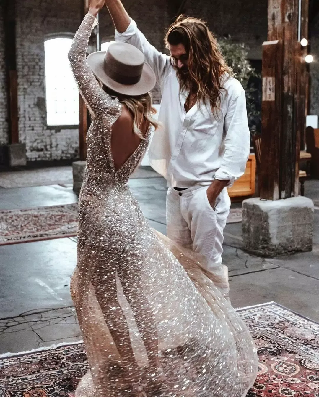 gold sequin bridal dress Rose Gold Sequins Wedding Dresses Tassel Fashion V-Neck A Line Bridal Gowns ZW750 -