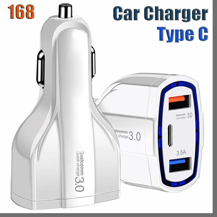 168DD Chargeur de voiture 3 ports 3.5A USB QC3.0 Type-C Charge rapide pour iPhone Xiaomi Samsung Mini Chargeurs rapides Adaptateur de véhicule sans emballage
