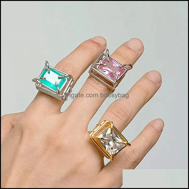 vintage colorful square crystal silver color metal open ring for women girls jewelry y2k party gifts