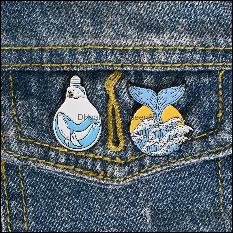 wave whale in bulb shape brooch marine animals clothes lapel pins unisex ocean series enamel corsage badges for backpack collar sweater cowboy